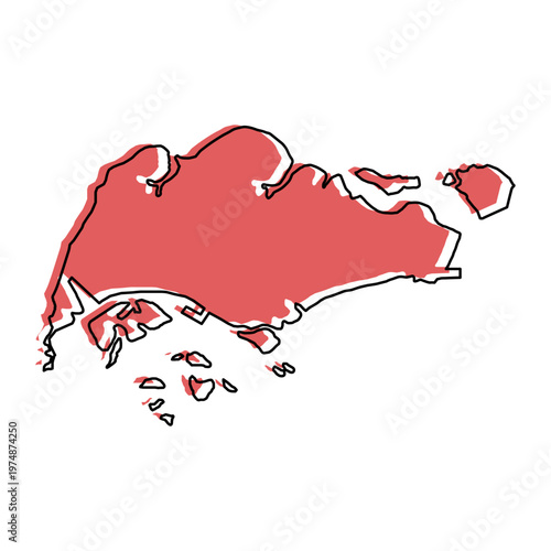 Singapore map from black contour curves lines with a red shifted silhouette on white background