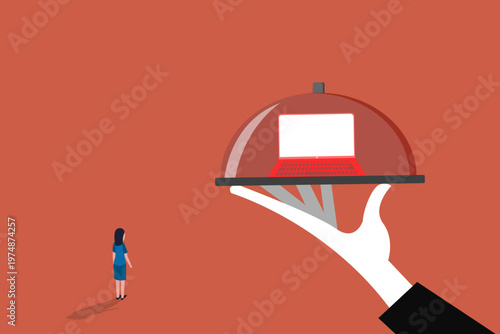 Laptop computer being served on platter to a business woman, symbol of g instant digital solutions, premium IT services, and the ease of remote work technology