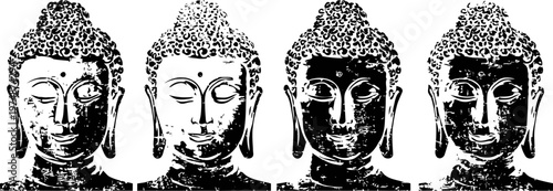 buddha heads black and white silhouettes set showing different contrast effects and shading styles