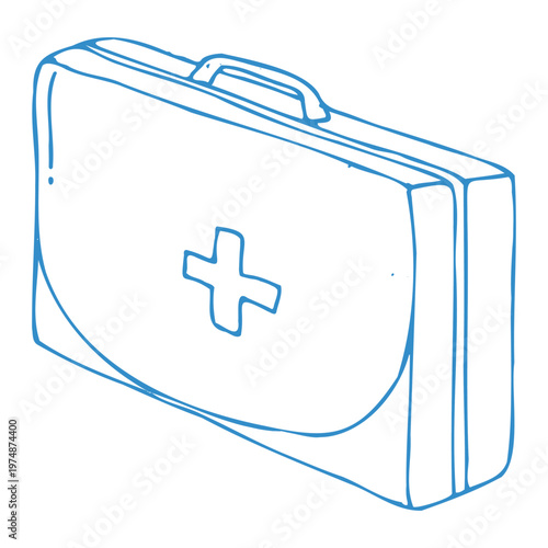 Blue outline isometric Medical first aid case icon. Doodle medical suitcase isolated, vector illustration.