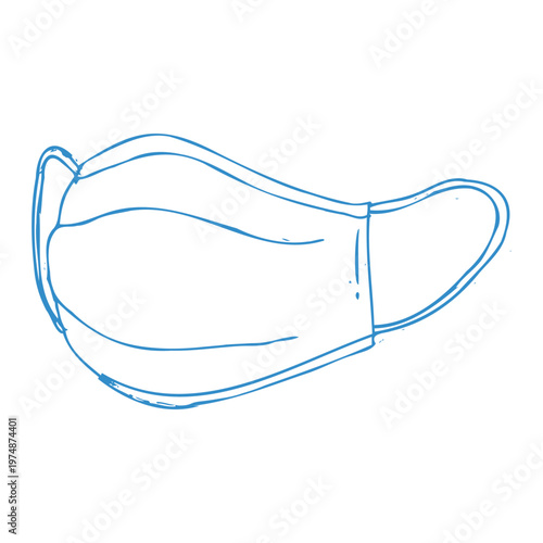 Hand drawn blue medical face mask in doodle outline style. Simple linear vector illustration of protective mask for healthcare and hygiene isolated on white background.