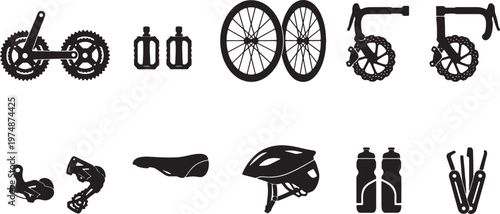 black bicycle and cycling equipment on white background