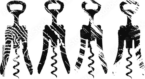 Vintage corkscrew silhouette set with textured distressed effect on white background