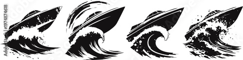 set of black and white stylized ocean waves splash silhouettes with dynamic water splash shapes