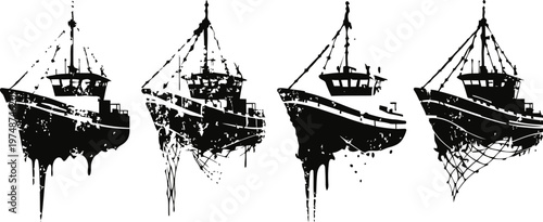 Silhouettes of fishing boats with nets, maritime vessels in black ink illustration