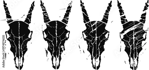 set of four distressed goat skull illustrations with horn silhouettes in black and white