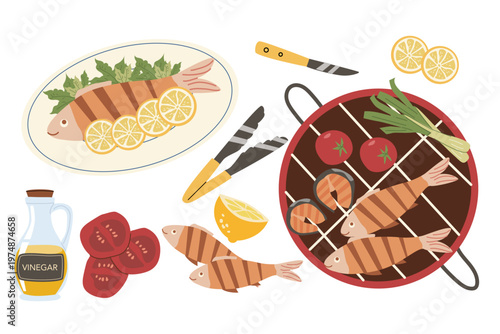 Grilled fish vector set. Cartoon flat illustration isolated on white. barbecue fish set with tools, vinegar and vegetables