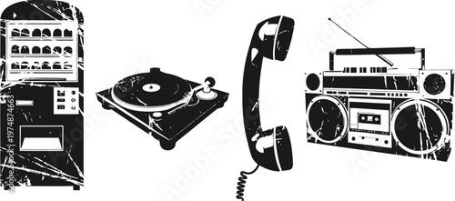 Vintage music and communication devices collection jukebox, record player, telephone handset, retro boombox illustration