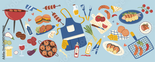 Cartoon BBQ grill food elements set. Vector illustration of grilled meat, fish, sausages, vegetables, hamburger and tools. Vector collection for barbecue party, menu design and picnic.