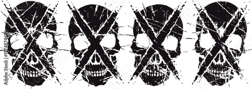 grunge skulls with black x marks on white distressed background, horror and gothic theme design
