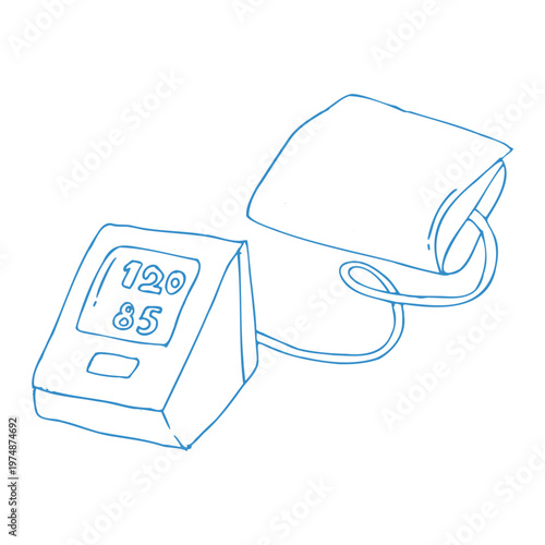 Blood pressure measurement doodle blue icon outline. Sphygmomanometer with cuff, health monitoring device isolated on white. Doodle vector illustration of automatic blood pressure monitor.