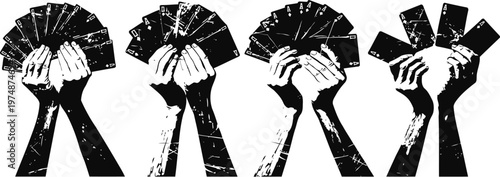 hands holding a fan of playing cards in various positions and gestures set