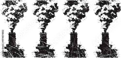 black industrial factory chimneys emitting thick smoke clouds in environmental pollution concept