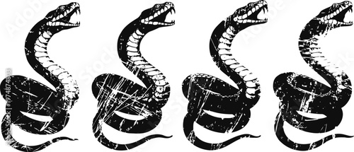grunge coiled snake set with open mouth and aggressive posture illustrations