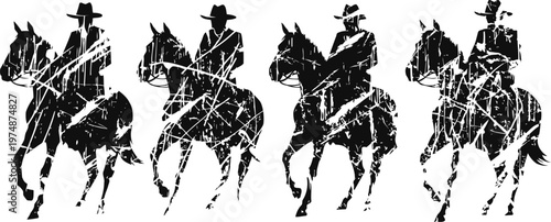 silhouettes of cowboys riding horses with rifles in classic western