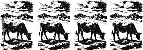 four grazing cows silhouetted against textured landscape scenery, rural farm animals outdoor