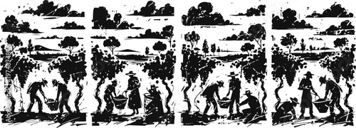 vintage farming scene with workers harvesting crops in a rural landscape