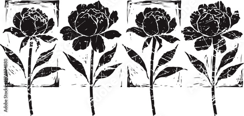 Four black floral rose silhouettes with leaves on white background vintage botanical botanical flower stamps in square frames