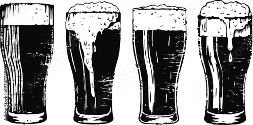 Four glasses of dark beer with frothy foam on top, hand drawn vintage illustration