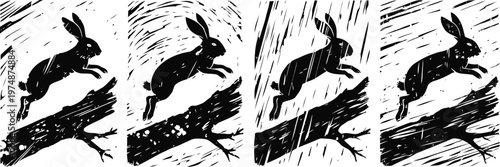 silhouette of a jumping hare over a log with grunge brush stroke texture in black and white