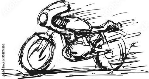 vintage motorcycle sketch in motion hand drawn bike, speed lines, retro motorbike drawing, dynamic illustration