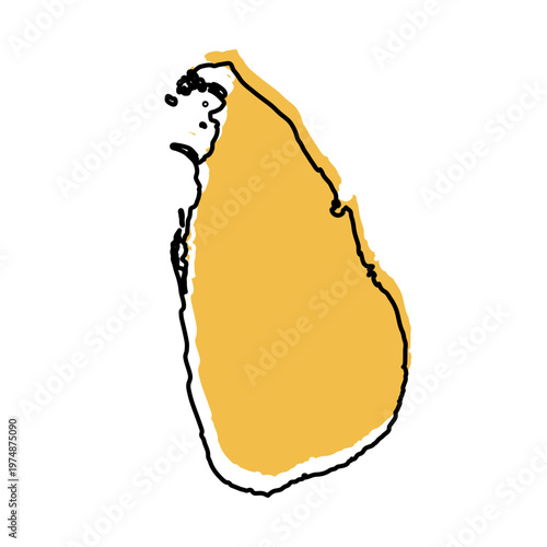 Sri Lanka map from black contour curves lines with a yellow shifted silhouette on white background