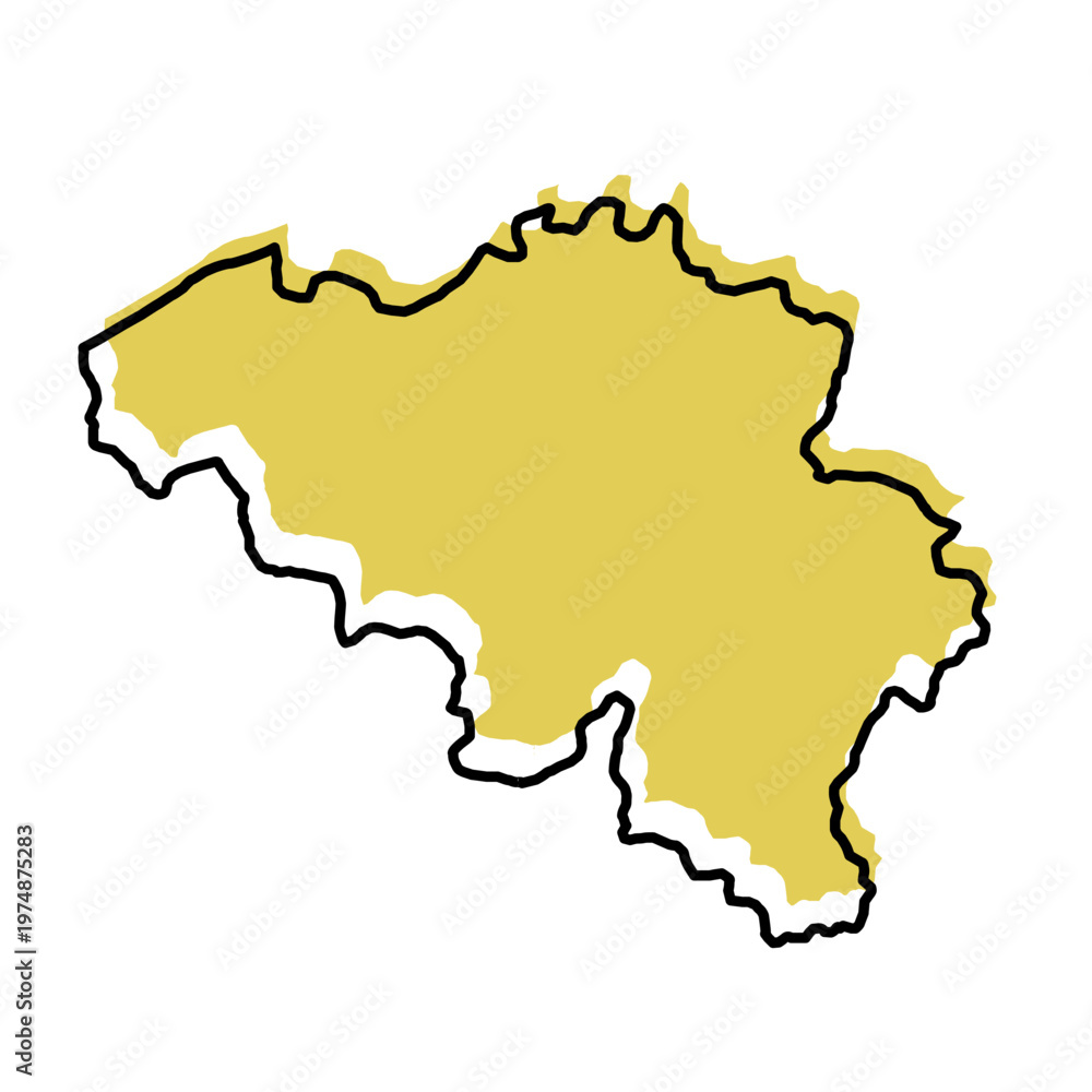 Obraz premium Belgium map from black contour curves lines with a yellow shifted silhouette on white background