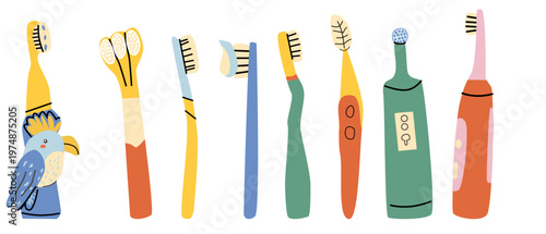 Set of toothbrushes in cartoon flat style. Electric toothbrush, 3D brush and various shapes. Colorful oral care collection, dental hygiene concept, vector illustration isolated on white background.
