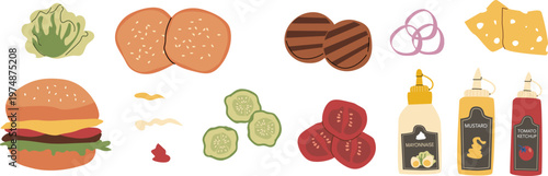 Hamburger ingredients set, top view. Cartoon flat vector illustration isolated on white. Burger set with mustard, ketchup and mayonnaise sauce set. Grilled meat, burger buns and vegetables.