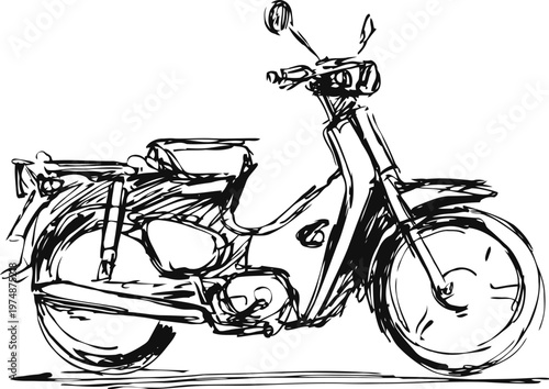 vintage motorcycle sketch in black ink, classic retro motorbike drawing with detailed line art