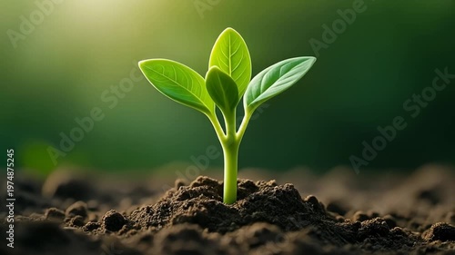 Small green sprout growing from dark soil representing new life and nature in this smooth slow motion digital animation video clip footage