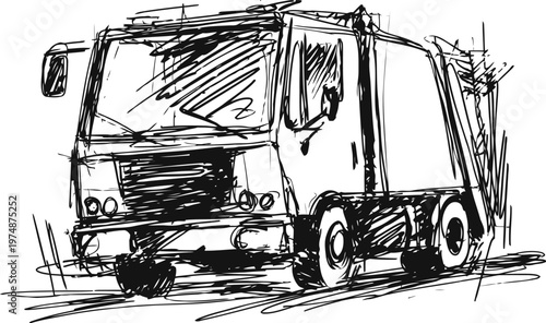 Garbage truck waste collection vehicle sketch in black and white urban trash disposal and sanitation concept