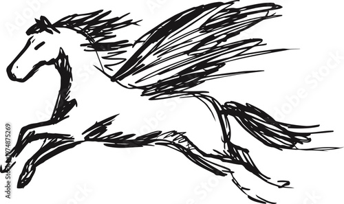 Black ink sketch of pegasus horse with wings flying fast in motion, fantasy mythical creature drawing