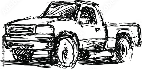 Hand drawn pickup truck sketch with rough textures and bold lines on white background