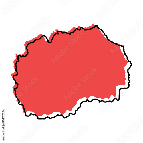 North Macedonia map from black contour curves lines with a red shifted silhouette on white background