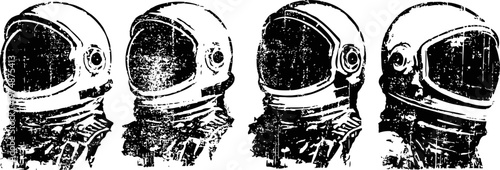 four vintage astronaut helmets in black and white, detailed space exploration equipment illustrations