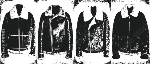 Men's leather jackets with shearling collars arranged in a row on white background