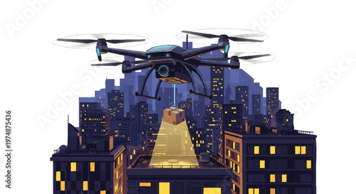 Drone flying over cityscape at night with spotlight