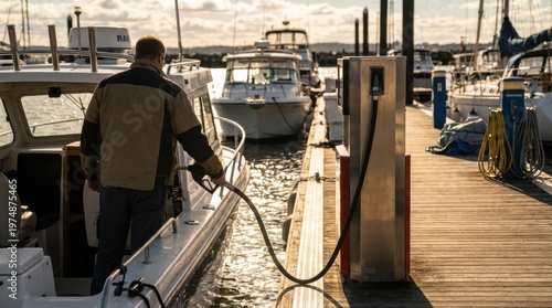 Man refueling a white boat with a fuel nozzle from a dockside pump at a sunny bustling marina