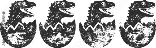 Vintage black tyrannosaurus rex dinosaur hatching from cracked egg vector illustration set