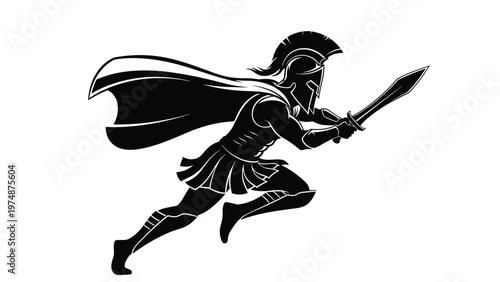 Powerful black silhouette of an ancient Spartan warrior in full armor running into battle with a sword and a flowing cape.