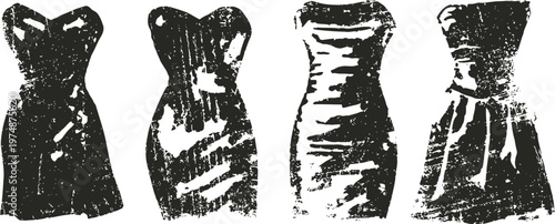 Elegant women's dresses collection in various styles and silhouettes, monochrome illustration