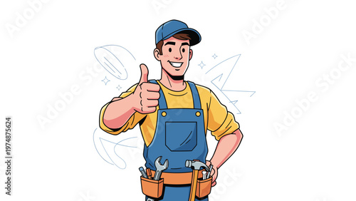 Friendly cartoon repairman giving a thumbs up while wearing a tool belt and blue uniform for professional home service.