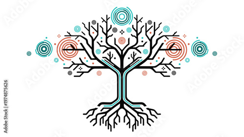 Creative abstract design of a tree with symmetrical branches and roots decorated with colorful circular patterns and geometric lines.