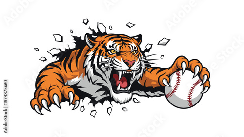 Fierce tiger mascot with sharp claws and bared teeth breaks through a wall while gripping a baseball in its paw.