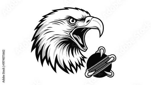 Grayscale illustration of an eagle head mascot with a sharp gaze holding a cricket ball in its powerful talons.