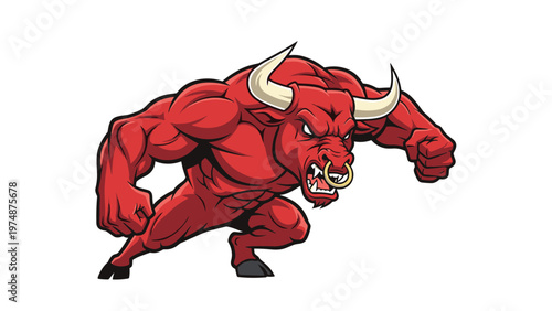 Powerful red bull mascot character with large horns and bulging muscles stands in a fierce and aggressive charging pose.
