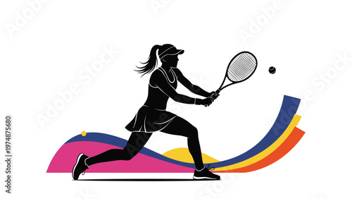 Female tennis player silhouette shown hitting a ball with a racket while colorful abstract waves flow behind her on white.