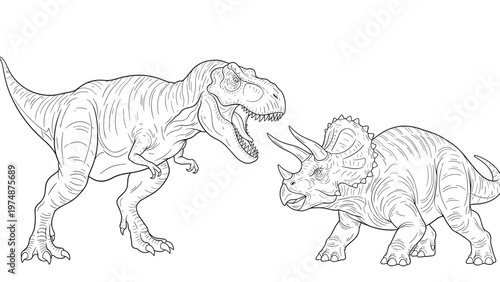 Detailed black and white outline drawing depicts a fierce tyrannosaurus rex confronting a triceratops in a prehistoric scene.