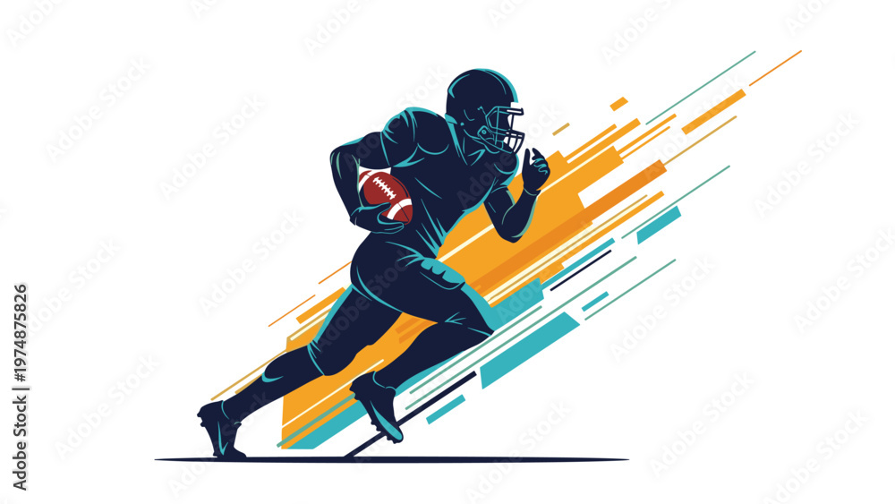 Obraz premium Dynamic silhouette of an american football player in full gear sprints with the ball across a colorful abstract background.
